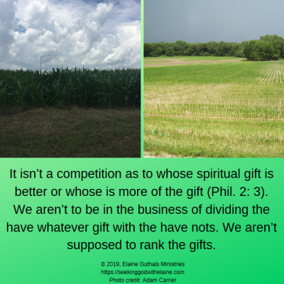 It isn’t a competition as to whose spiritual gift is better or whose is more of the gift (Phil. 2: 3). We aren’t to be in the business of dividing the have whatever gift with the have nots. We aren’t supposed to rank the gifts.