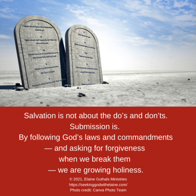Salvation is not about the do’s and don’ts. Submission is. By following God’s laws and commandments — and asking for forgiveness when we break them — we are growing holiness.
