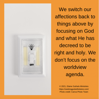 We switch our affections back to things above by focusing on God and what He has decreed to be right and holy. We don’t focus on the worldview agenda.